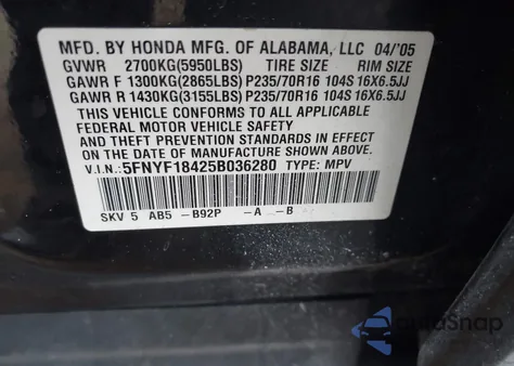 2005 Honda Pilot Ex from USA, damaged, VIN 5FNYF18425B036280